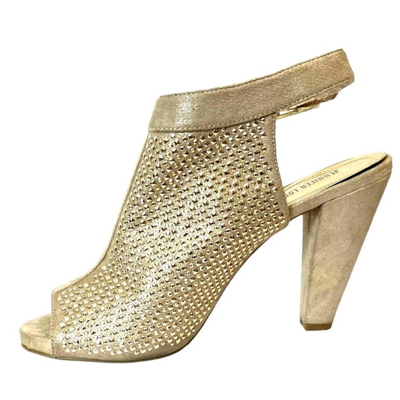 Jennifer Lopez Sasha Bling Champagne Suede Slingback Gold Stud Peep Toe Heels-9M - Picture 4 of 15